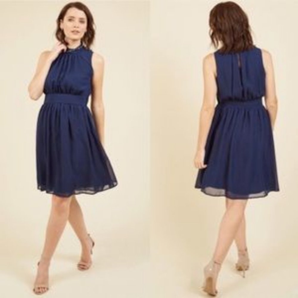 YA Los Angeles Fervour Windy City Dress A-Line Fit Flare Chiffon Blue Medium
